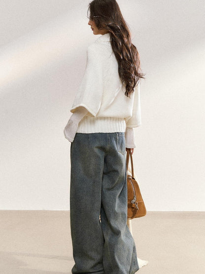 7Shiftin Cozy High Neck Cropped Loose Pullover Knit For Girls White Blue Gray Sweaters