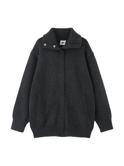 RUN TO THE FUTURE Cozy High Collar Loose Single Button Office Women Paris Grey Cardigan Overcoats