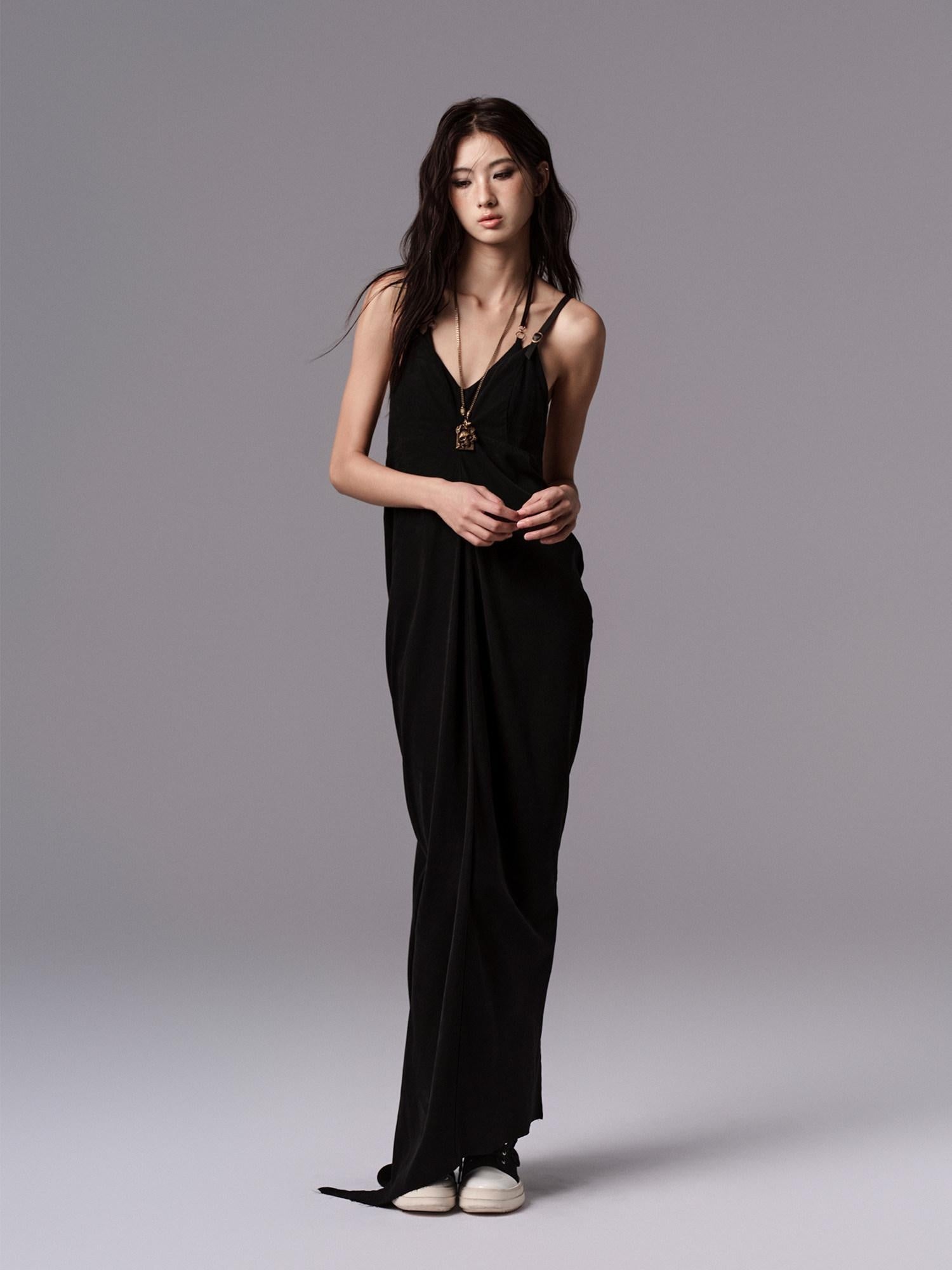 Low pixel Pure Cupro Slim Fit Dark Gothic Vneck Camisole Women Black Zip Back Maxi Dresses