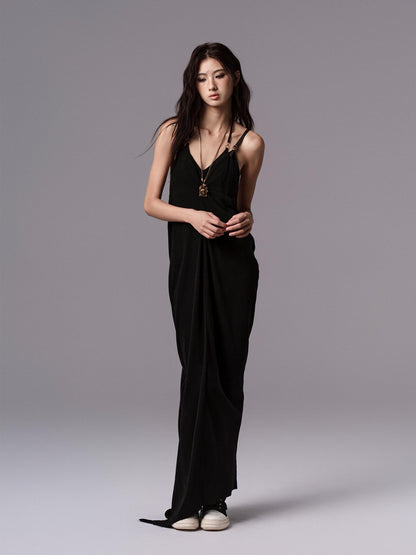 Low pixel Pure Cupro Slim Fit Dark Gothic Vneck Camisole Women Black Zip Back Maxi Dresses