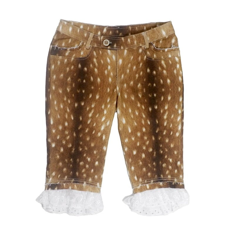 nit alcove Cute Deer Print Double Layer Denim Casual Natural Waist Girls Mid-Length Shorts