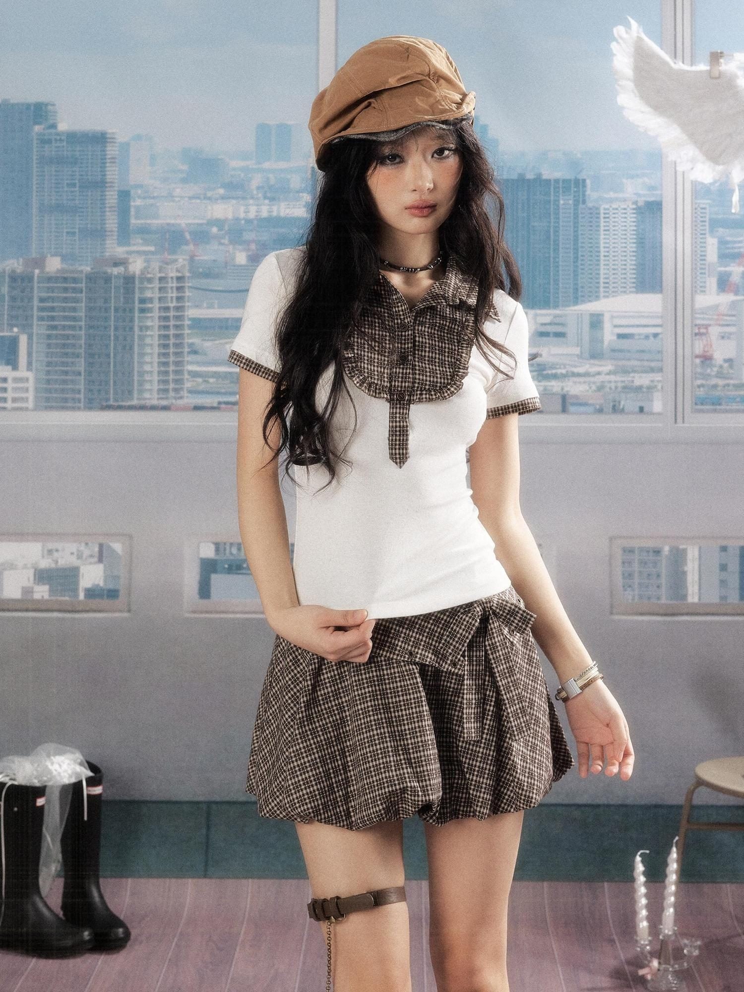 ALL iN plan Modal Waist Slimming Casual Collared A Sleeve Plaid Women Blouse
