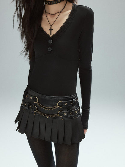 Low pixel Low Waist Pleated A Line Street Patchwork Chain Zipper Lined Black Mini Skirts