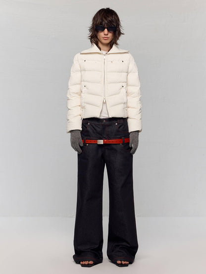 RUN TO THE FUTURE 90% White Duck Down Warm Short Straight Retro Cream Nylon Zipper Down Jackets