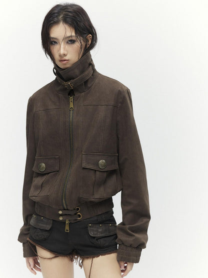 Low pixel Metal Trim Vintage Standard Womens Brown Zip Lapel Cropped Jackets