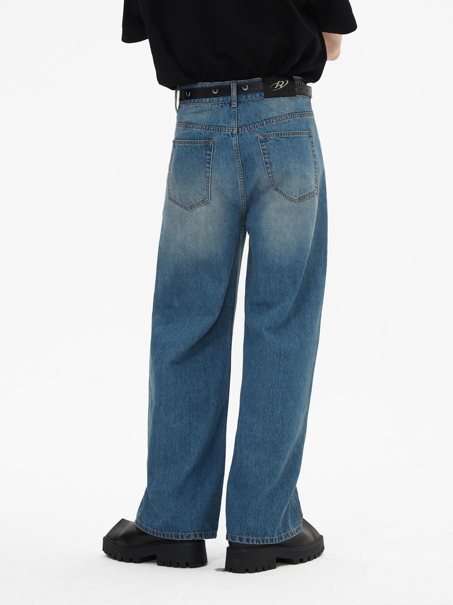 RUN TO THE FUTURE Breathable Washed Mid Rise Asymmetrical Multi Pocket Relaxed Blue Straight Jeans