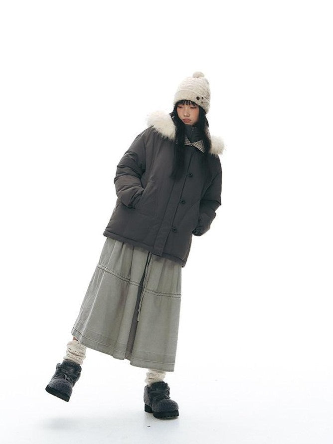 NAPSNAPS White Fur Hooded Double Collar Faux Two Piece Women&