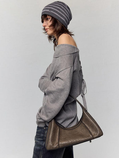 RUN TO THE FUTURE Waxed Leather Soft Handle Vintage Topstitch Medium Zipper Daily Handbags