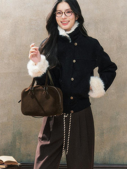 7Shiftin Original Slim Women Stand Collar Button Pocket Warm Black Fur Cropped Jackets