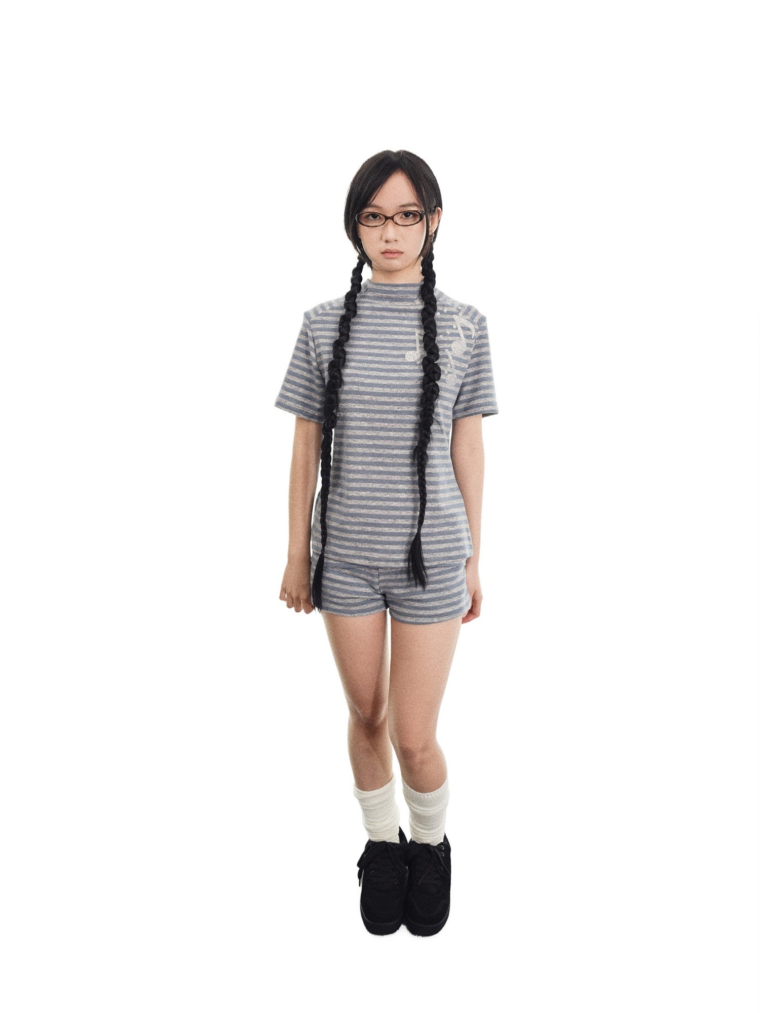 takeabreak Blue Grey Heather Striped Music Note Heat Transfer Women&