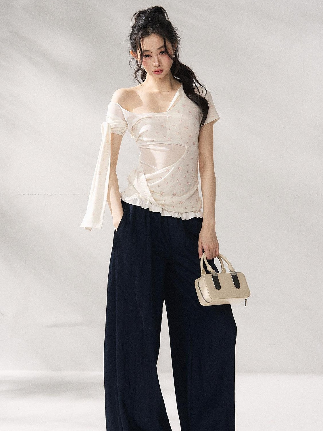 7Shiftin Floral Tie Slim Fit Casual Asymmetrical Neck Short Sleeve Women Basic Crop Tops