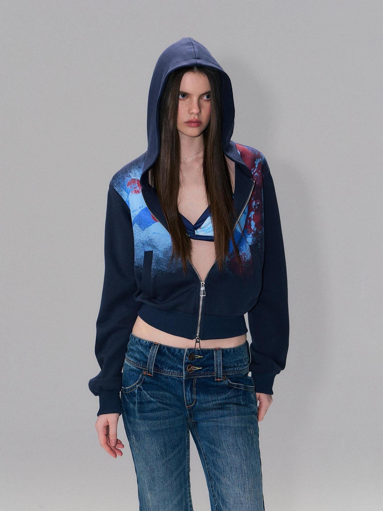 The NeverMore Soft Stretch Polyester High Waist Cropped Zip Hooded American Women Hoodie