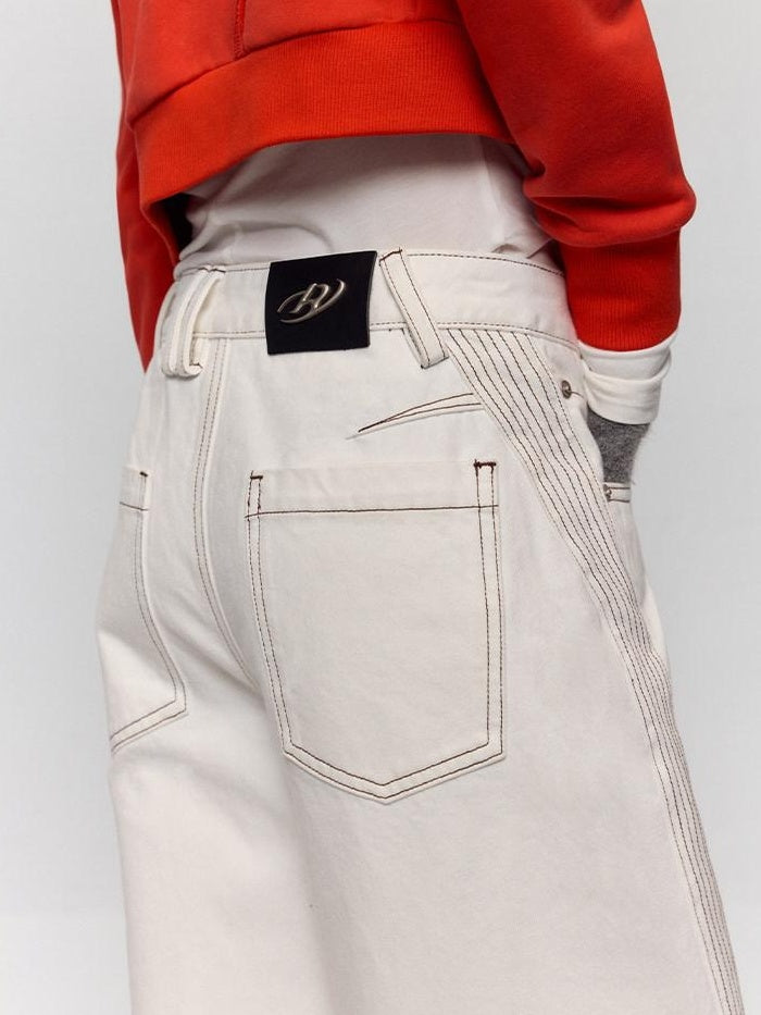 RUN TO THE FUTURE Casual Colorblock Loose Natural Waist Washed Denim High Cotton Wide-Leg Jeans