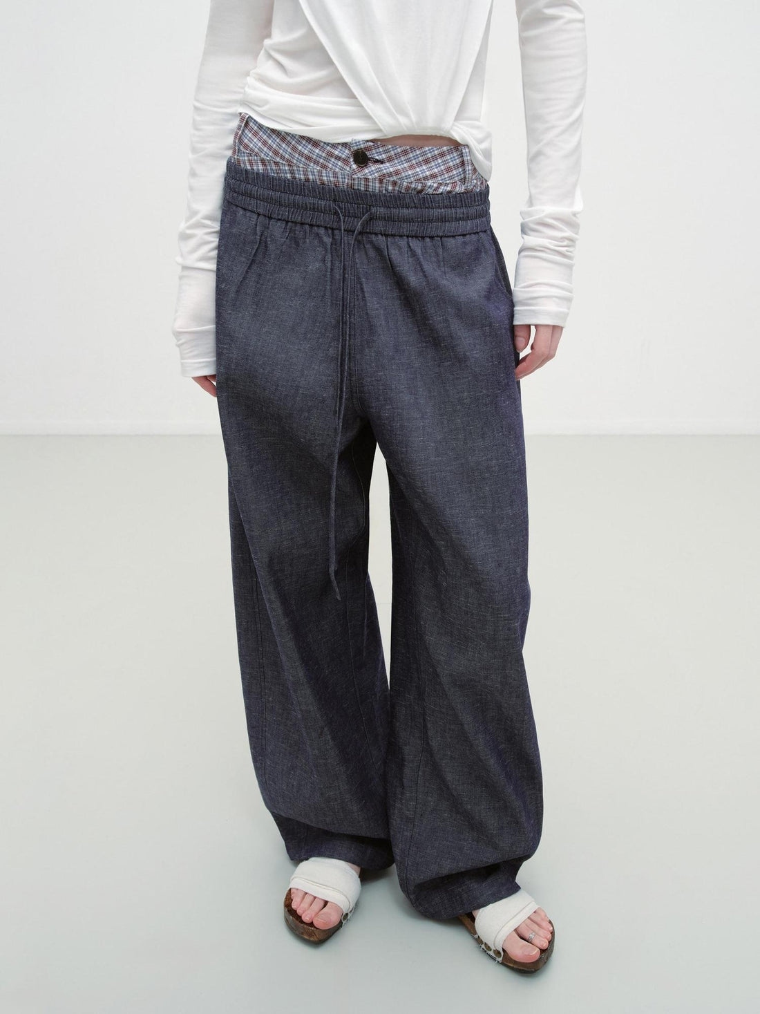 RUN TO THE FUTURE Skin Friendly Stretch Plaid Patchwork Casual Women Elastic Waist Wide-Leg Pants