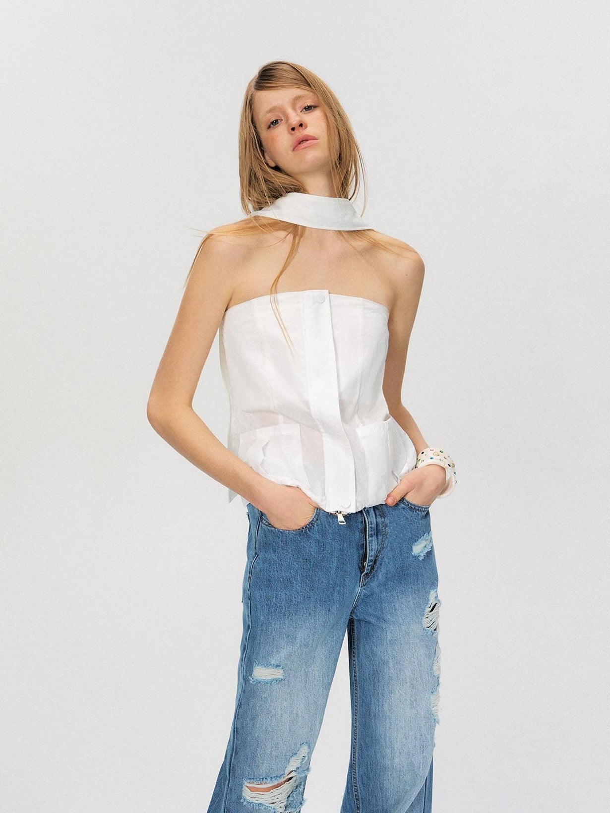 The NeverMore Zipper Front Slim Short Solid White Office Chic Strapless Tube Tops