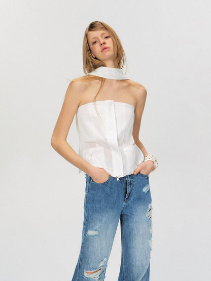 The NeverMore Zipper Front Slim Short Solid White Office Chic Strapless Tube Tops