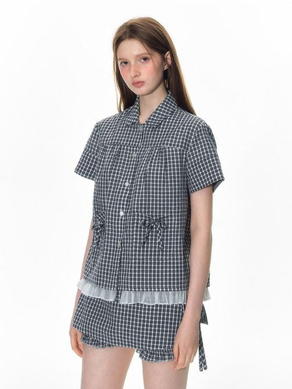 NAPSNAPS Check Patchwork Two Piece Illusion Spliced Gauze Women&