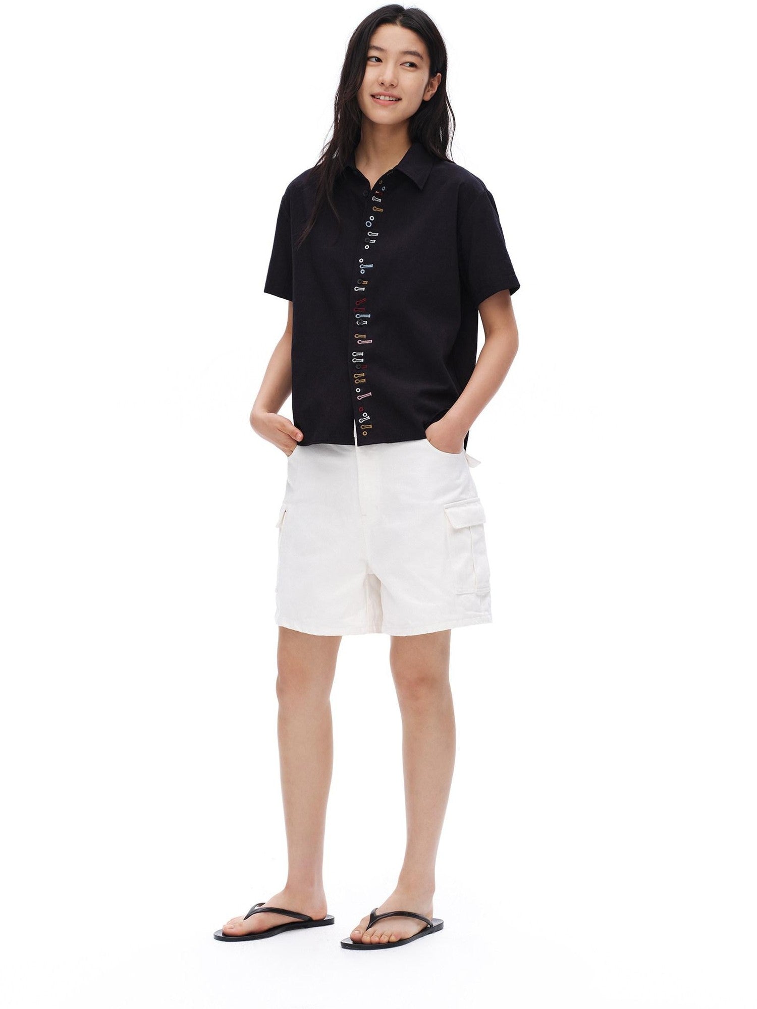 oinimi White Vintage Bermuda Cargo Button Fly Pocket Women&