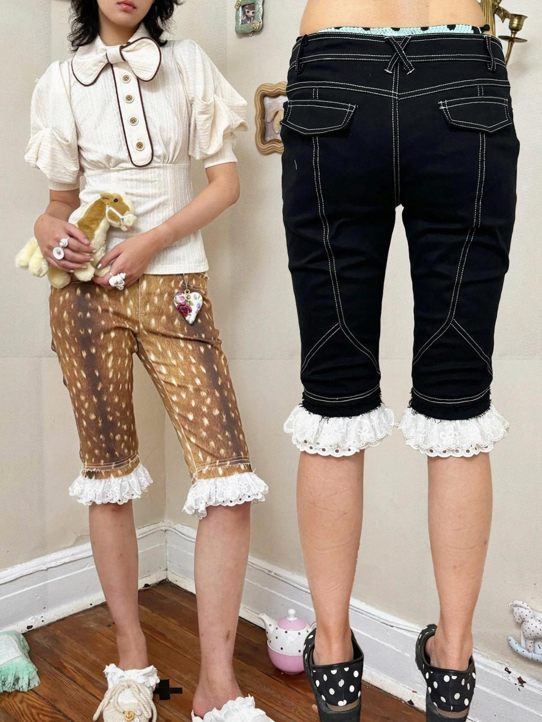 nit alcove Cute Deer Print Double Layer Denim Casual Natural Waist Girls Mid-Length Shorts