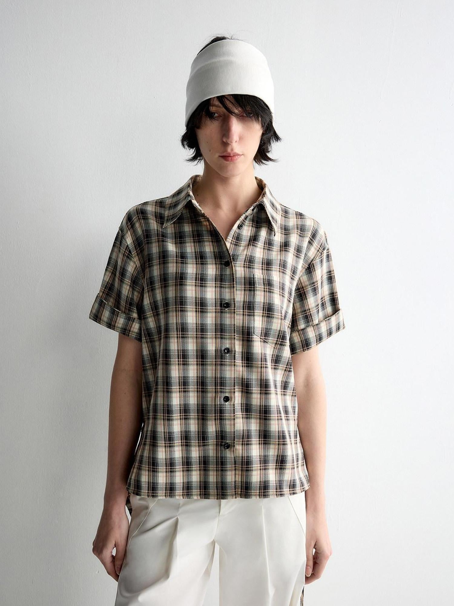 RUN TO THE FUTURE Skin Friendly Breathable Vintage Slim Tie Women Plaid Button Collar Shirts