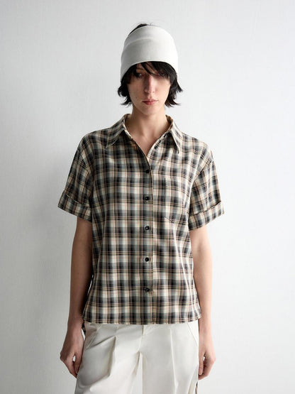 RUN TO THE FUTURE Skin Friendly Breathable Vintage Slim Tie Women Plaid Button Collar Shirts