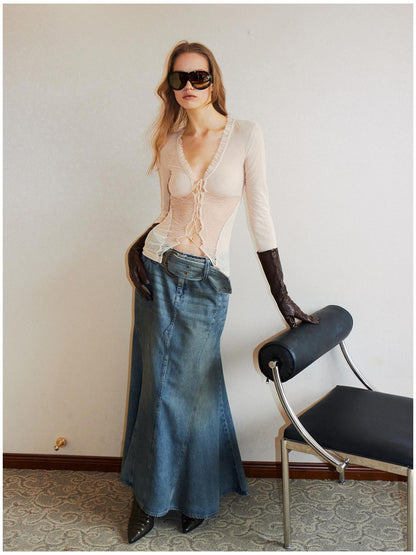 2th Desire Sheer Mesh Spliced Punk Slim Fit Women Long Sleeve Tie Front Blouses