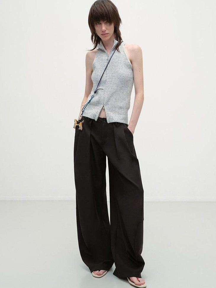 RUN TO THE FUTURE Pleated Minimalist Mid Rise Micro Stretch Casual Loose Fit Black Wide-Leg Pants