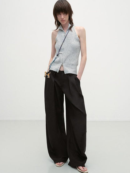 RUN TO THE FUTURE Pleated Minimalist Mid Rise Micro Stretch Casual Loose Fit Black Wide-Leg Pants