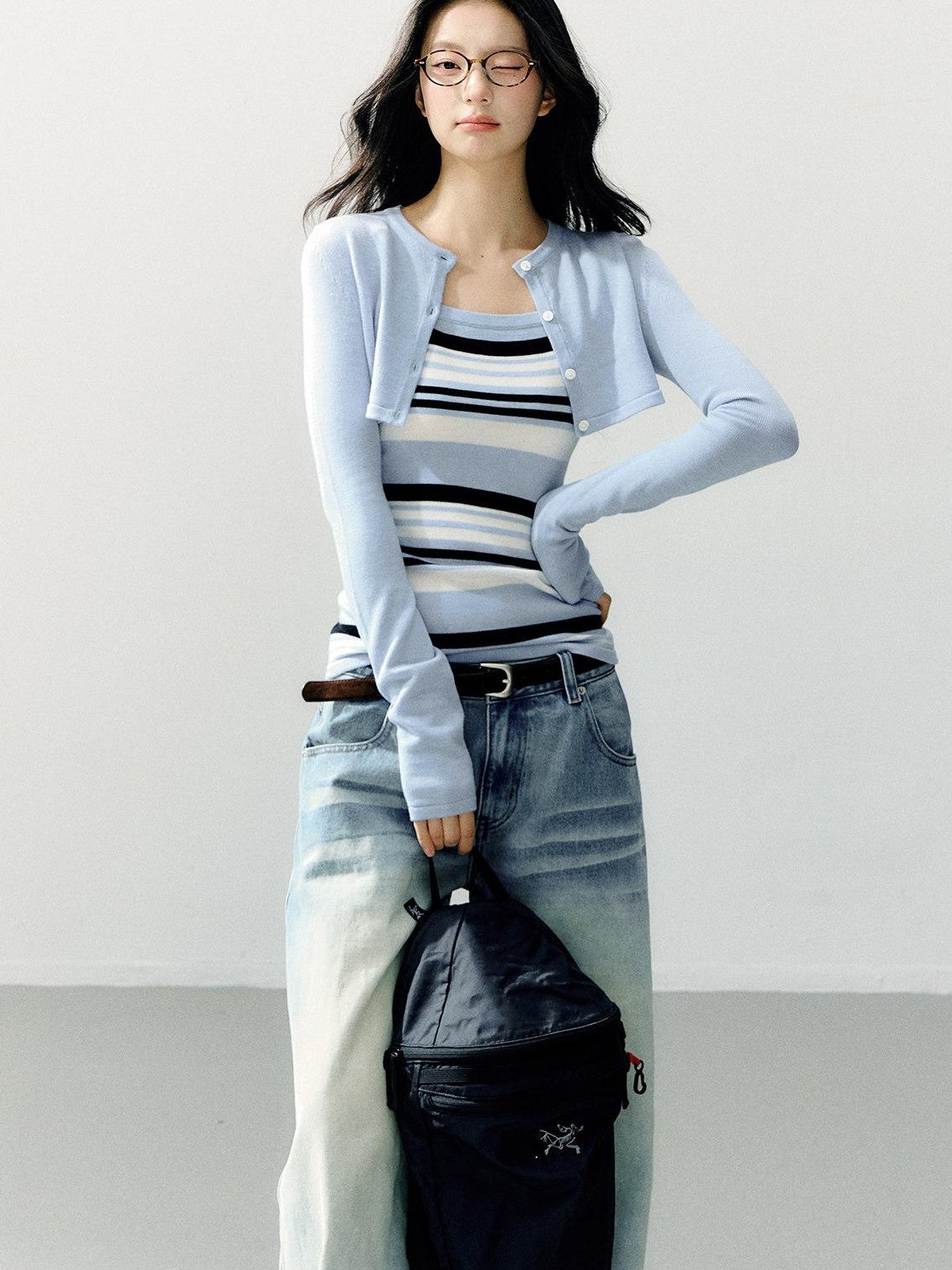 7Shiftin Striped Two Piece Cardigan And Camisole Casual Women Blue Long Sleeve T-Shirts