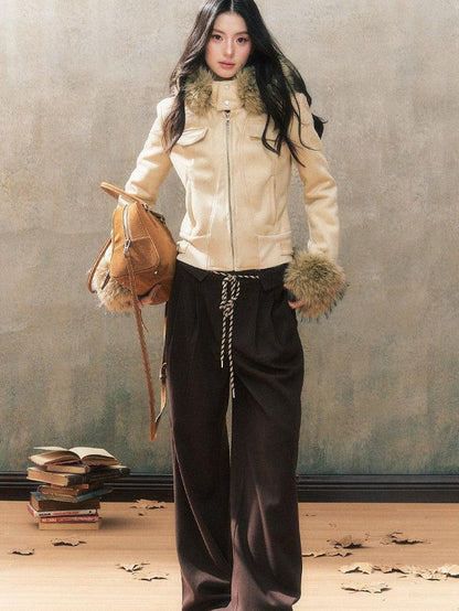 7Shiftin Brown Drawstring Pocket Natural Waist Original Straight Women Wide Leg Pants