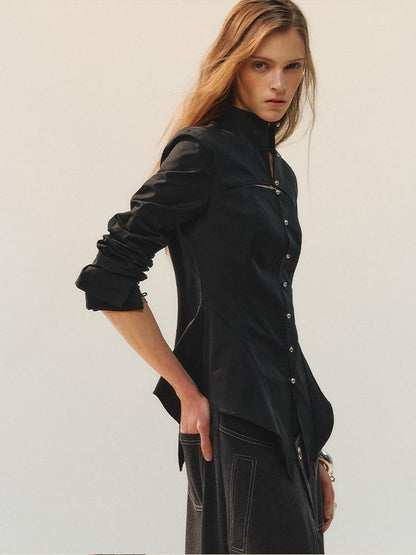 AnnoMundi Waist Cinch Fitted Casual Long Sleeve Stand Collar Cotton Blend Women Blouses