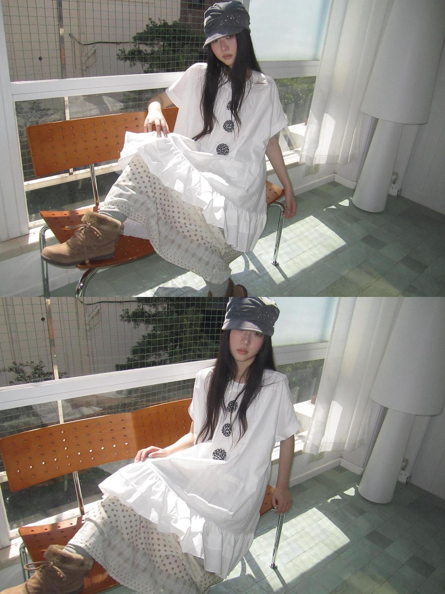 ang project Vintage 3D Floral Ruffle Double Layer Round Neck Women&