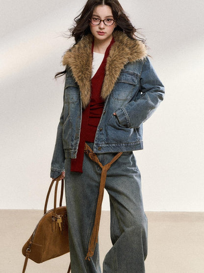 7Shiftin Warm Detachable Fur Collar Casual Cropped Women Long Sleeve Denim Jackets