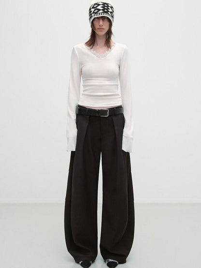 RUN TO THE FUTURE Pleated Minimalist Mid Rise Micro Stretch Casual Loose Fit Black Wide-Leg Pants