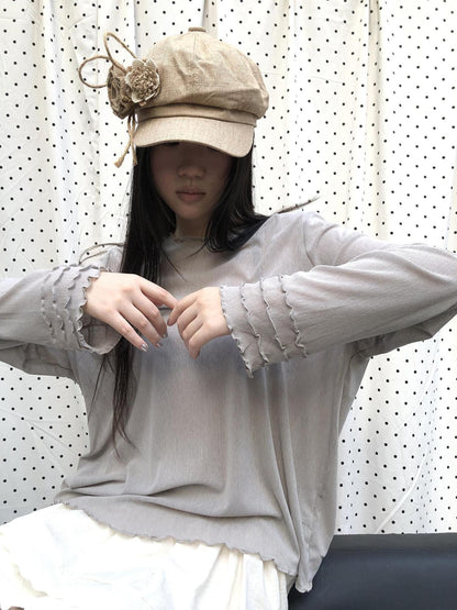 ang project Mocha Sheer Mesh Layered Ruffle Round Neck Women&