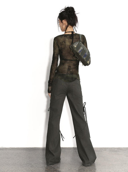 Low pixel Pure Cotton Low Waist Slim Fit Casual Women Olive Green Flared Pants