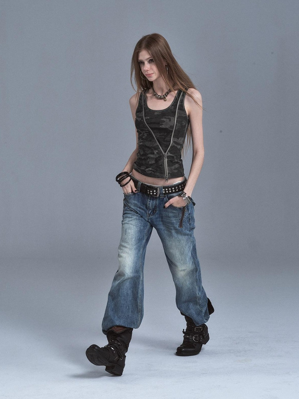 wear And tear Printed Camo Black Diagonal Zip Two Way Cinched Waist Women&