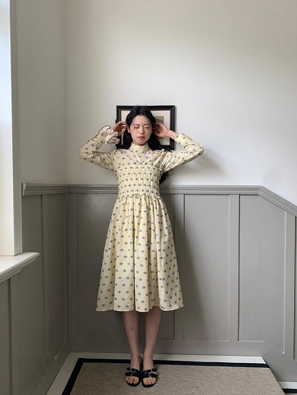 Dorydory Beige Chinese Floral Stand Collar Tie Waist Women&