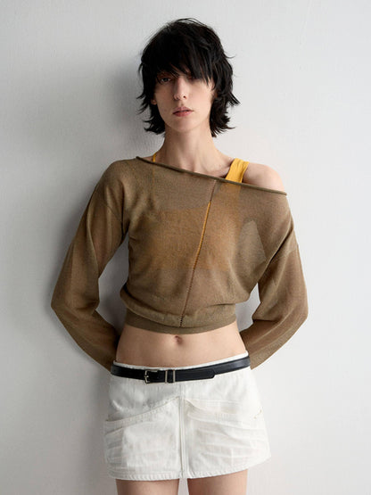 RUN TO THE FUTURE Lyocell Wool Blend Reversible Loose Cropped Boat Neck Knit Long Sleeve T-Shirts