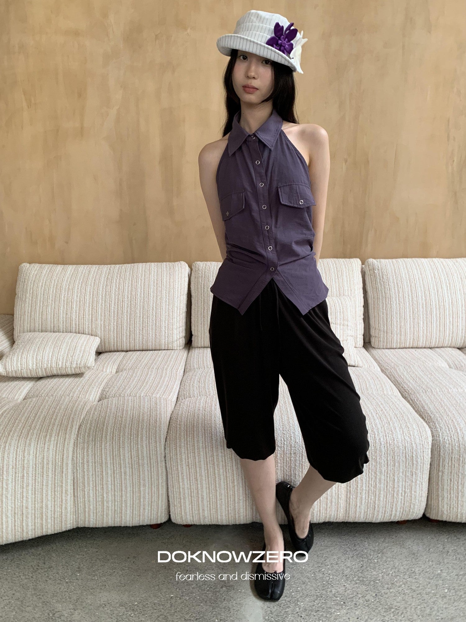 DKZ OFFICIAL Purple Halter Neck Shirt Style Lapel Collar Tie Waist Women&