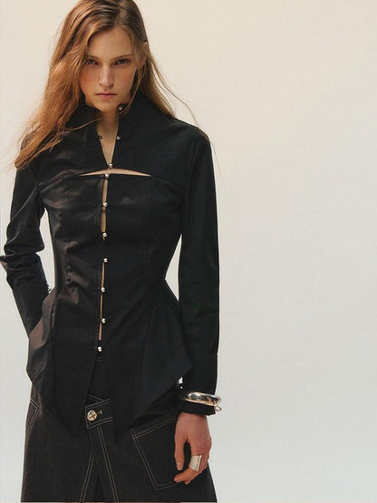 AnnoMundi Waist Cinch Fitted Casual Long Sleeve Stand Collar Cotton Blend Women Blouses