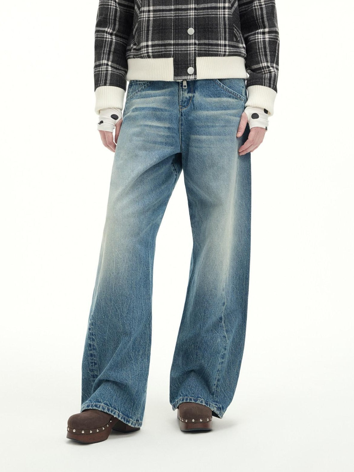 RUN TO THE FUTURE Washed Cotton Casual Natural Waist Topstitch Women Denim Blue Wide-Leg Jeans