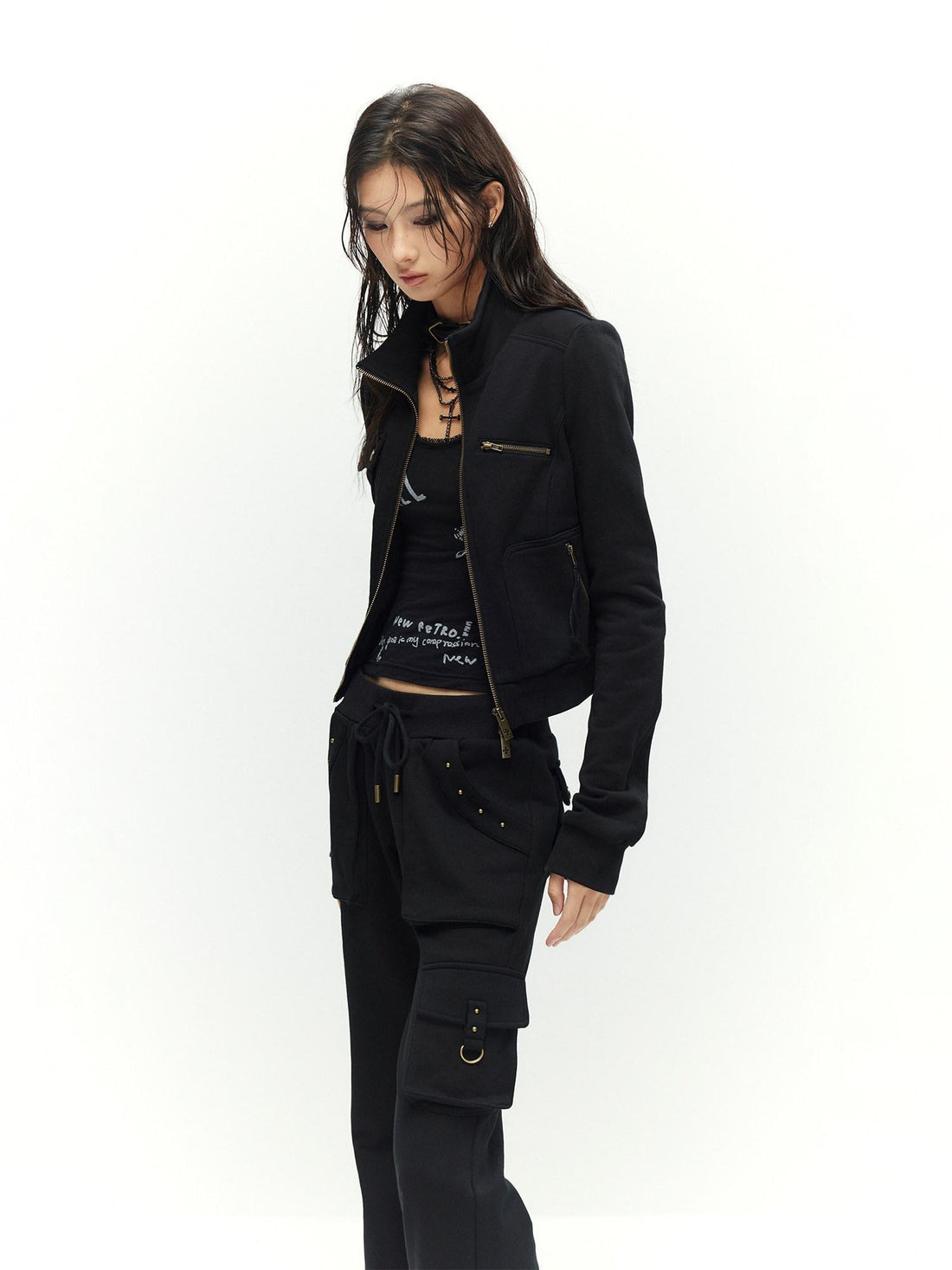 Low pixel Studded Slim Fit Zip Front Stand Collar Thick Cotton Black Top &amp; Pants Sets