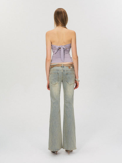 The NeverMore Washed Micro Flare Low Rise Micro Stretch Cotton Blue Green Straight Leg Jeans