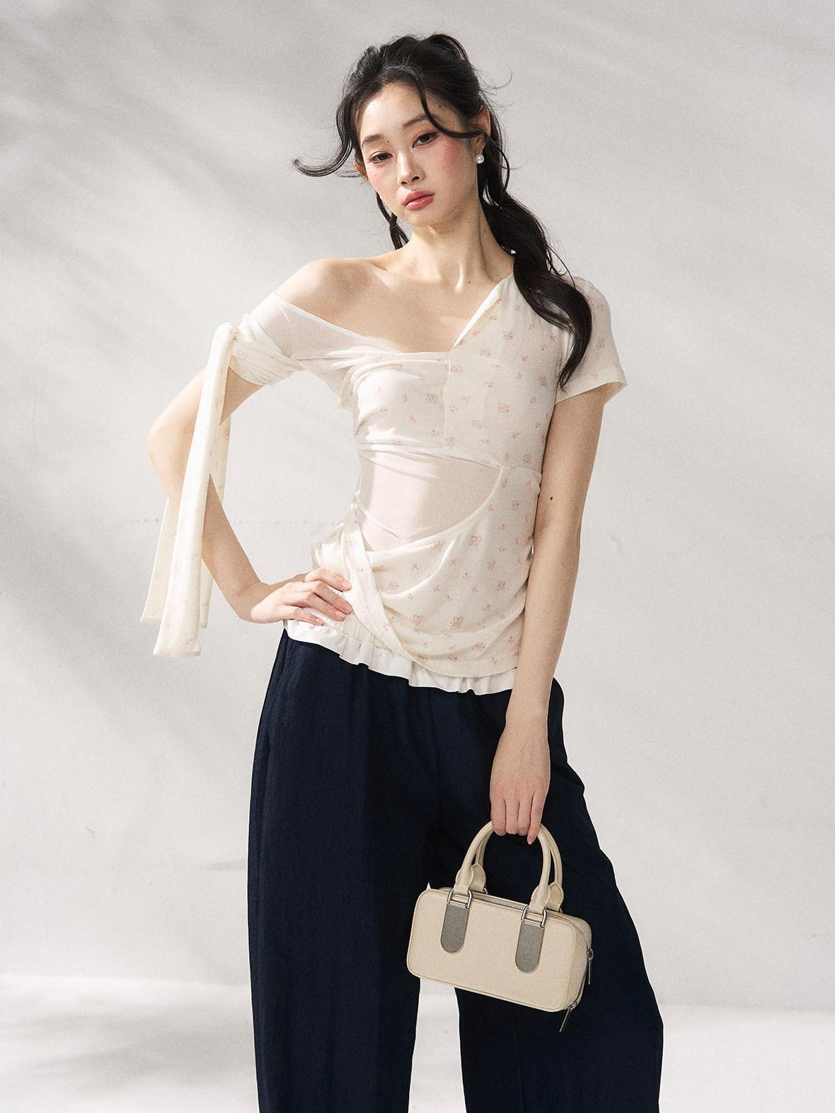 7Shiftin Floral Tie Slim Fit Casual Asymmetrical Neck Short Sleeve Women Basic Crop Tops
