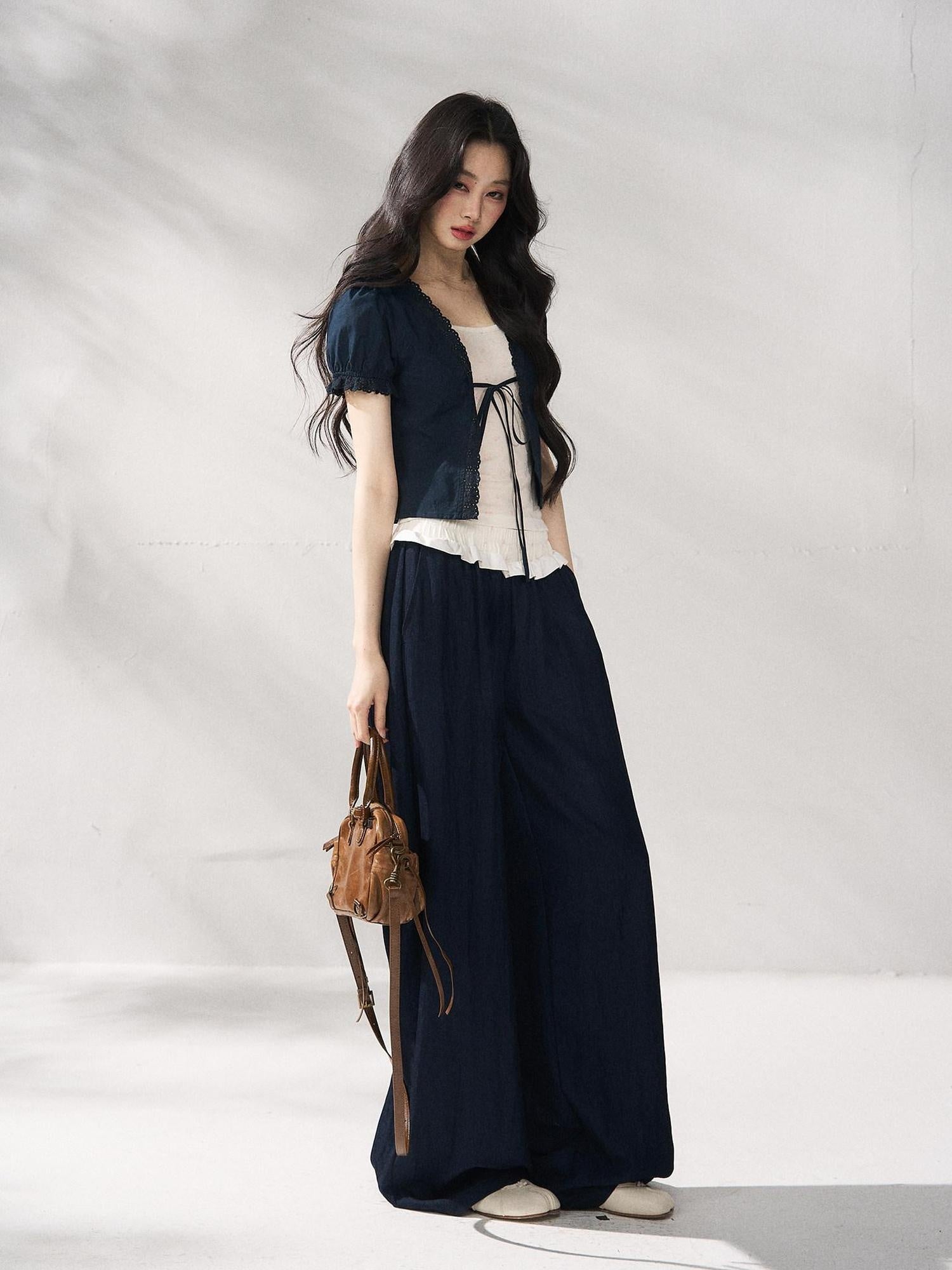 7Shiftin Nylon Cotton Blend Relaxed Natural Waist Women Solid Navy Wide Leg Pants