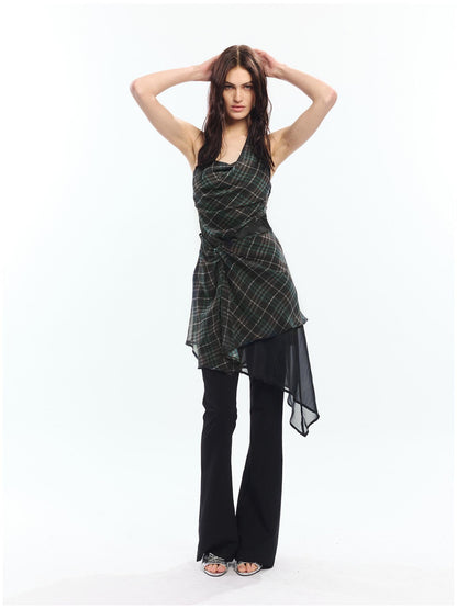 2th Desire High Waist Vintage Plaid A Line Spaghetti Strap City Slim Slip Mini Dresses