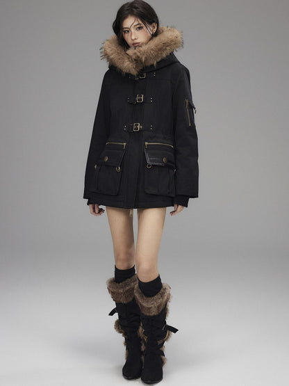 Low pixel Warm Cotton Utility Cinched Waist Multi Pocket Hooded Women Black Puffer Jackets