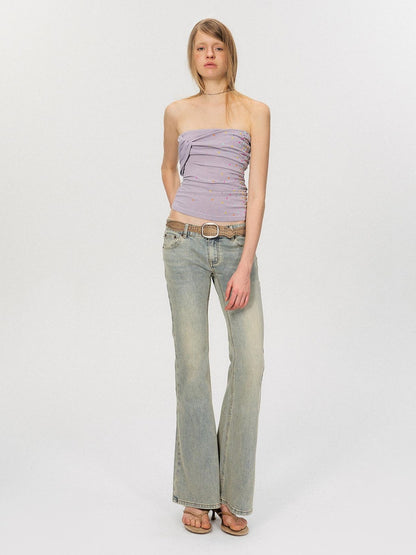 The NeverMore Washed Micro Flare Low Rise Micro Stretch Cotton Blue Green Straight Leg Jeans