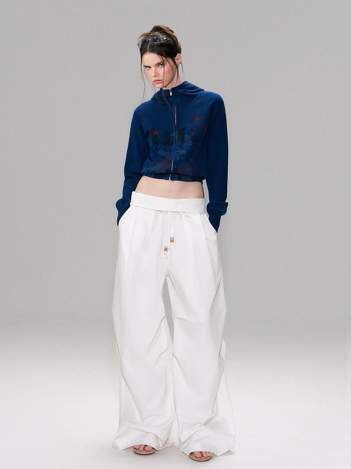 The NeverMore Cotton Blend Vintage Curved Cut Natural Waist Women White Wide Leg Pants